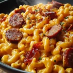 Spicy BBQ Cheddar Mac with Smoked Sausage is unforgettable! First Image