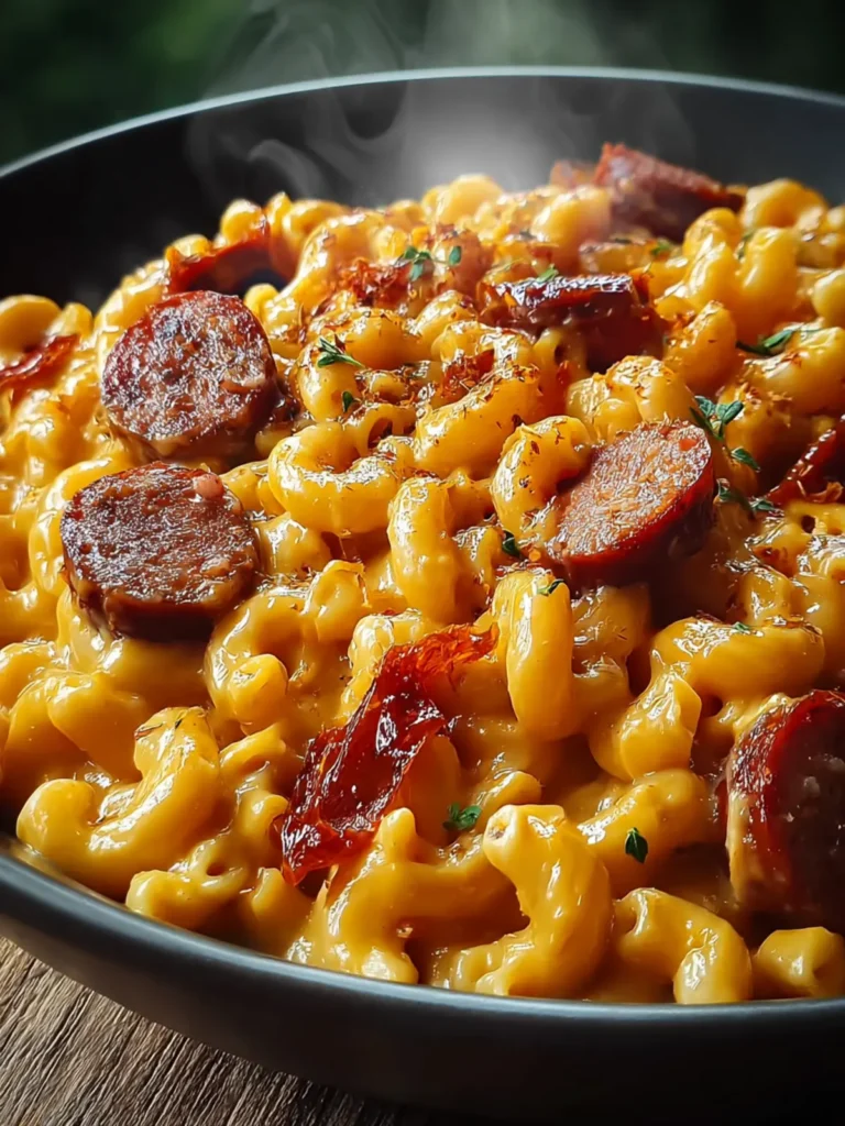 Spicy BBQ Cheddar Mac with Smoked Sausage is unforgettable! First Image